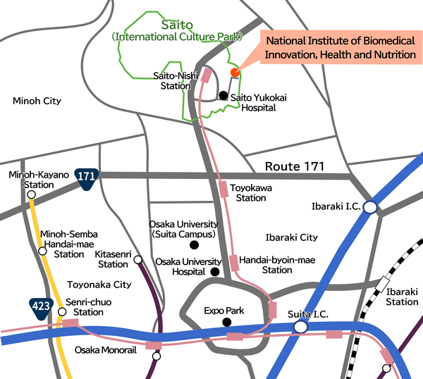 National Institute of Biomedical Innovation, Health and Nutrition Transportation Map Walk northeast from Saito Nishi Station to reach the institute.