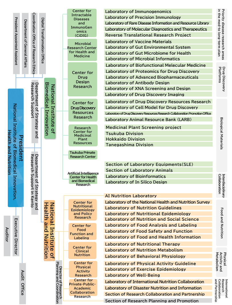 The organizational structure of the institute is illustrated below. The National Institute of Biomedical Innovation and the National Institute of Health and Nutrition are under the umbrella of the National Institutes of Biomedical Innovation, Health and Nutrition, and each institute has its own research center, and each research center has its own research project.