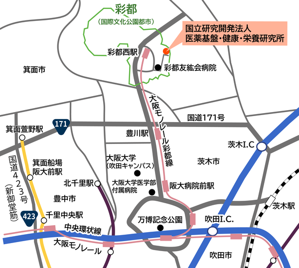 医薬基盤研究所 所在地地図です。周辺の交通機関や道路をご案内しています