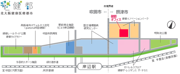 けんとオフィス交通図です。最寄りの岸辺駅から北に歩くと、けんとオフィスがあります