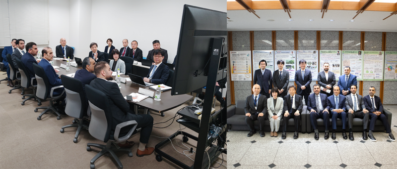 2枚組写真：（左写真）エミレーツ・ヘルス・サービス代表団を前に意見交換する理事長、所長、副所長（右写真）集合写真